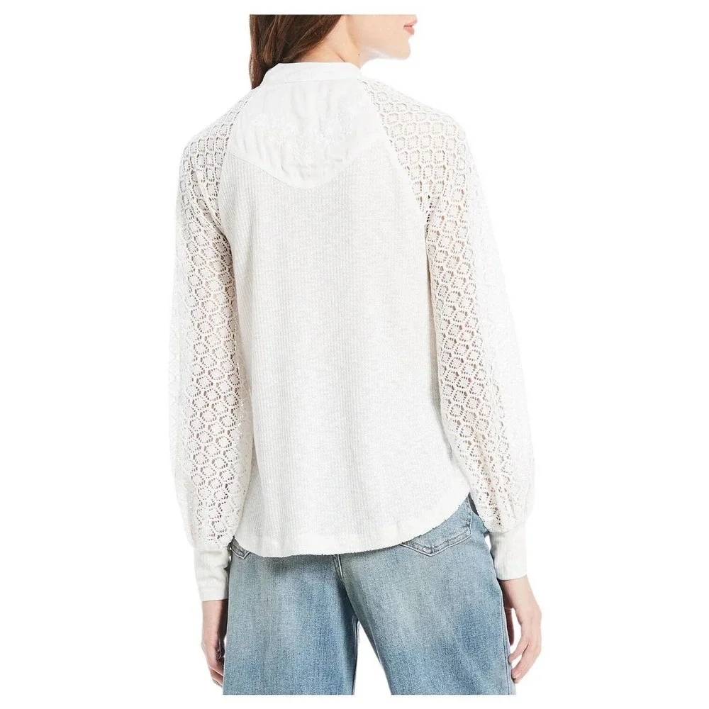 Free People Top Womens S Sweetest Thing Waffle Embroidered Boho Peasant Ivory - Picture 15 of 16